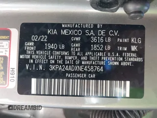2022 Kia Rio S with VIN 3KPA24ADXNE458764, listed as a IAAI auction lot 41503859 with 43,252 mi miles. Bid and sale history available at carsss.com. Image 9.