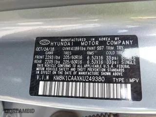 2019 Hyundai Kona SE with VIN KM8K1CAAXKU249380, listed as a IAAI auction lot 42092163 with 71,212 mi miles. Bid and sale history available at carsss.com. Image 9.