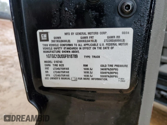 2005 GMC Sierra 1500HD SLE z VIN 1GTGC13U55F818709, wystawiony jako Copart lot #81494564 z przebiegiem Nie podano mil oraz Nie do naprawy. Historia ofert i sprzedaży dostępna na DreamBid. Obrazek 12.