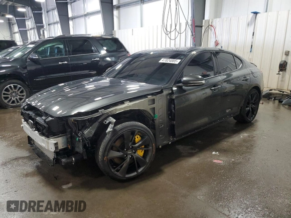 2023 Genesis G70 3.3T with VIN KMTG54TE2PU125150, listed as a Copart auction lot 47024885 with 21,529 mi miles and Salvage Title. Bid and sale history available at carsss.com. Image 1.