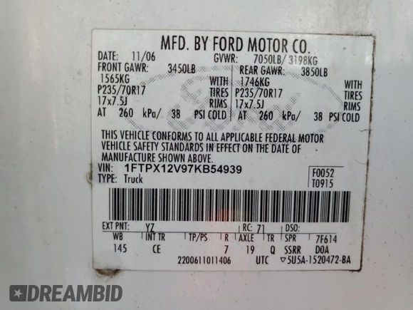 2007 Ford F-150 XL with VIN 1FTPX12V97KB54939, listed as a Copart auction lot 64691855 with 169,323 mi miles and Clean title. Bid and sale history available at DreamBid. Image 12.