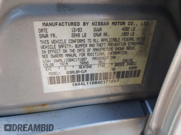 2004 Nissan Altima S with VIN 1N4AL11D84C171897, listed as a IAAI auction lot 41922715 with 101,865 mi miles. Bid and sale history available at carsss.com. Image 9.