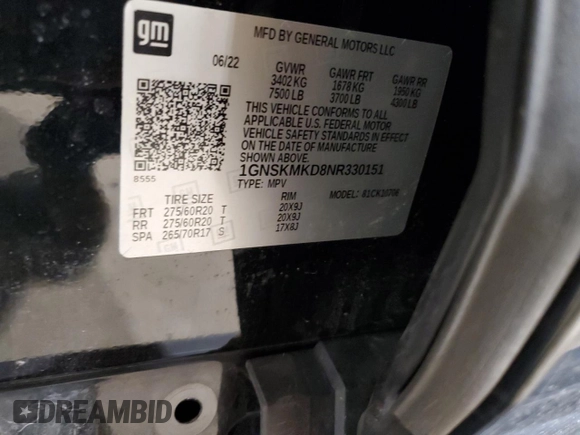2022 Chevrolet Tahoe LS z VIN 1GNSKMKD8NR330151, wystawiony jako Copart lot #57070205 z przebiegiem 61 531 mil mil oraz Szkoda całkowita • Salvage title. Historia ofert i sprzedaży dostępna na DreamBid. Obrazek 13.