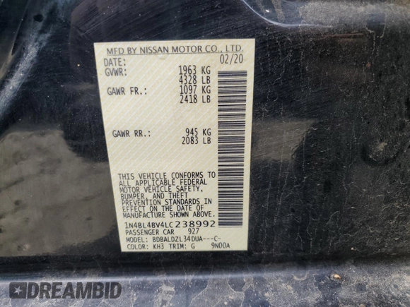 2020 Nissan Altima 2.5 S with VIN 1N4BL4BV4LC238992, listed as a Copart auction lot 44215435 with 84,137 mi miles and Salvage Title. Bid and sale history available at carsss.com. Image 12.