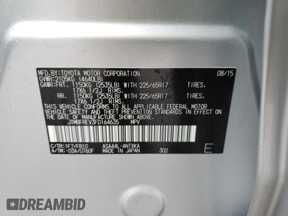 2015 Toyota RAV4 LE z VIN JTMBFREV3FD164635, wystawiony jako Copart lot #57753345 z przebiegiem 36 539 mil mil oraz Szkoda całkowita • Salvage title. Historia ofert i sprzedaży dostępna na DreamBid. Obrazek 14.