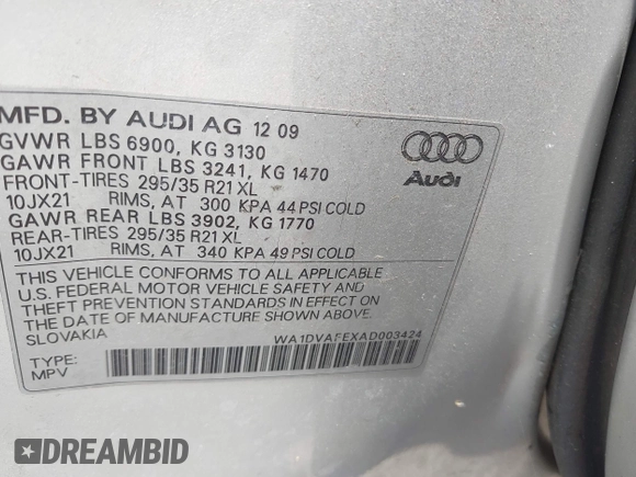 2010 Audi Q7 with VIN WA1DVAFEXAD003424, listed as a IAAI auction lot 42282789 with 131,459 mi miles and . Bid and sale history available at DreamBid. Image 9.