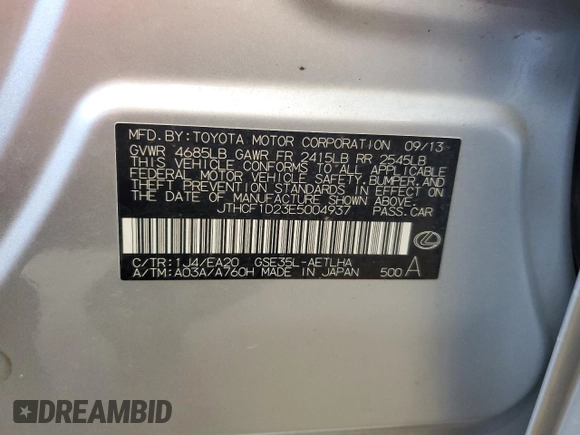 2014 Lexus IS 250 with VIN JTHCF1D23E5004937, listed as a Copart auction lot 55245465 with 120,894 mi miles and Salvage title. Bid and sale history available at DreamBid. Image 12.