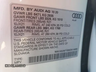 2021 Audi Q8 Premium with VIN WA1AVAF15MD014688, listed as a Copart auction lot 83991624 with 55,373 mi miles and Salvage Title. Bid and sale history available at carsss.com. Image 13.