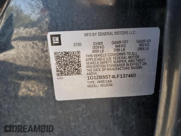 2020 Chevrolet Malibu LS with VIN 1G1ZB5ST4LF137460, listed as a Copart auction lot 54318475 with 62,590 mi miles and Non Repairable. Bid and sale history available at DreamBid. Image 12.