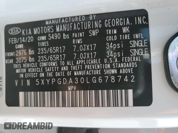 2020 Kia Sorento LX with VIN 5XYPGDA30LG678742, listed as a Copart auction lot 51661075 with 98,037 mi miles and Salvage Title. Bid and sale history available at carsss.com. Image 13.