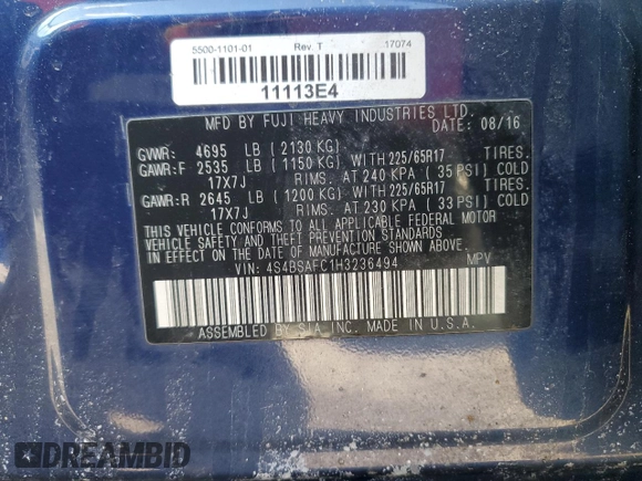2017 Subaru Outback Premium with VIN 4S4BSAFC1H3236494, listed as a Copart auction lot 48209135 with 171,279 mi miles and Salvage Title. Bid and sale history available at DreamBid. Image 12.