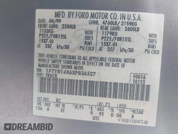 1999 Ford Ranger XLT with VIN 1FTYR14X6XPB36527, listed as a IAAI auction lot 41425718 with 189,200 mi miles. Bid and sale history available at carsss.com. Image 9.