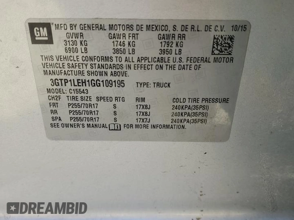 2016 GMC Sierra 1500 with VIN 3GTP1LEH1GG109195, listed as a Copart auction lot 48950995 with 176,493 mi miles and Salvage Title. Bid and sale history available at DreamBid. Image 12.