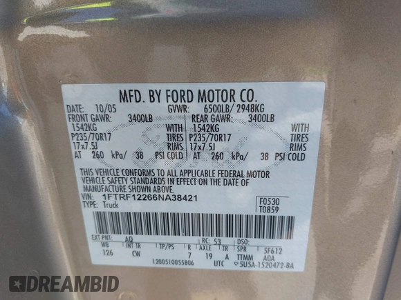 2006 Ford F-150 XL with VIN 1FTRF12266NA38421, listed as a IAAI auction lot 42056774 with 191,951 mi miles and . Bid and sale history available at DreamBid. Image 9.