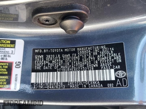 2014 Toyota Corolla L с VIN 2T1BURHE6EC132128, выставлен на аукционе Copart как лот 68744664 с пробегом 153 703 миль миль и Списание • Salvage title. История ставок и продаж доступна на DreamBid. Изображение 12.