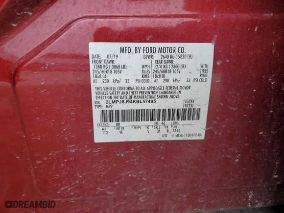 2019 Lincoln Nautilus Standard with VIN 2LMPJ8J94KBL57495, listed as a Copart auction lot 43239535 with 51,152 mi miles and Salvage Title. Bid and sale history available at carsss.com. Image 13.