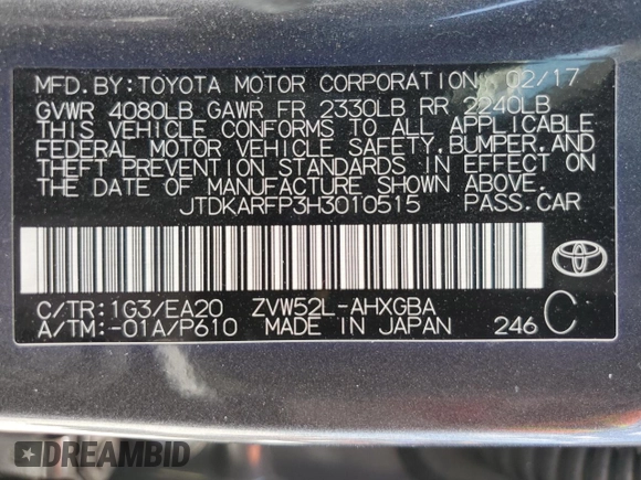 2017 Toyota Prius Plus with VIN JTDKARFP3H3010515, listed as a Copart auction lot 53185075 with 61,324 mi miles and Salvage Title. Bid and sale history available at DreamBid. Image 16.