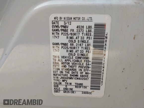 2012 Nissan Rogue S with VIN JN8AS5MV1CW402567, listed as a IAAI auction lot 42179240 with 131,773 mi miles and . Bid and sale history available at DreamBid. Image 9.