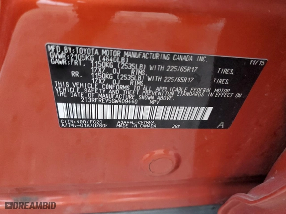 2016 Toyota RAV4 XLE with VIN 2T3RFREV5GW409440, listed as a Copart auction lot 87052294 with 0 mi miles and Salvage Title. Bid and sale history available at carsss.com. Image 13.