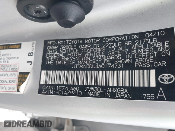 2010 Toyota Prius II z VIN JTDKN3DU4A0174731, wystawiony jako IAAI lot #42462738 z przebiegiem 181 862 mil mil oraz . Historia ofert i sprzedaży dostępna na DreamBid. Obrazek 9.