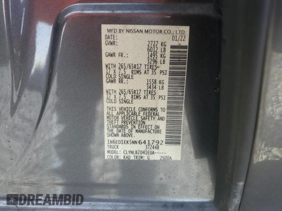 2022 Nissan Frontier Pro-4X z VIN 1N6ED1EK5NN641792, wystawiony jako Copart lot #63189275 z przebiegiem Nie podano mil oraz Nie do naprawy • Non repairable. Historia ofert i sprzedaży dostępna na DreamBid. Obrazek 12.