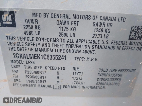 2012 GMC Terrain SLE-1 with VIN 2GKALMEK1C6355241, listed as a IAAI auction lot 42345392 with 163,690 mi miles and . Bid and sale history available at DreamBid. Image 9.