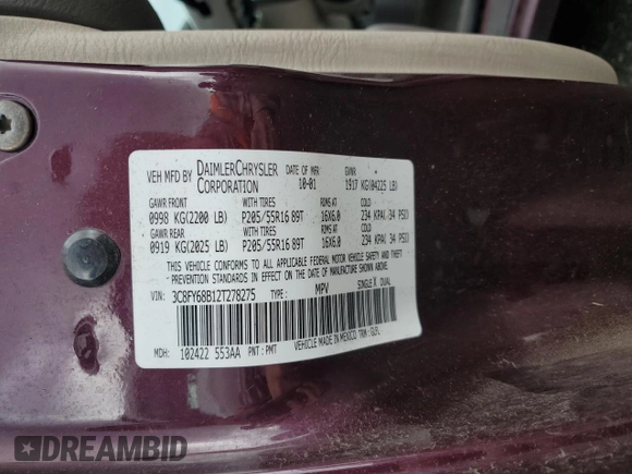 2002 Chrysler PT Cruiser Limited with VIN 3C8FY68B12T278275, listed as a Copart auction lot 76911554 with 215,461 mi miles and Salvage Title. Bid and sale history available at DreamBid. Image 12.