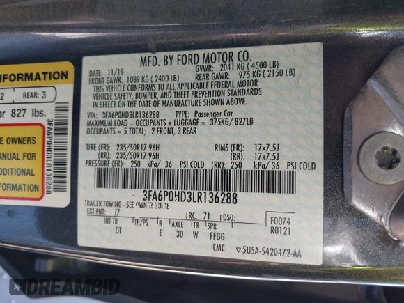 2020 Ford Fusion SE with VIN 3FA6P0HD3LR136288, listed as a IAAI auction lot 41699942 with 99,409 mi miles. Bid and sale history available at carsss.com. Image 9.