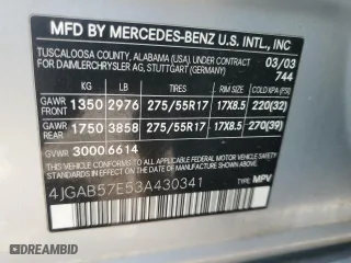 2003 Mercedes-Benz M-Class 3.7L with VIN 4JGAB57E53A430341, listed as a Copart auction lot 86296954 with 0 mi miles and Salvage Title. Bid and sale history available at carsss.com. Image 13.