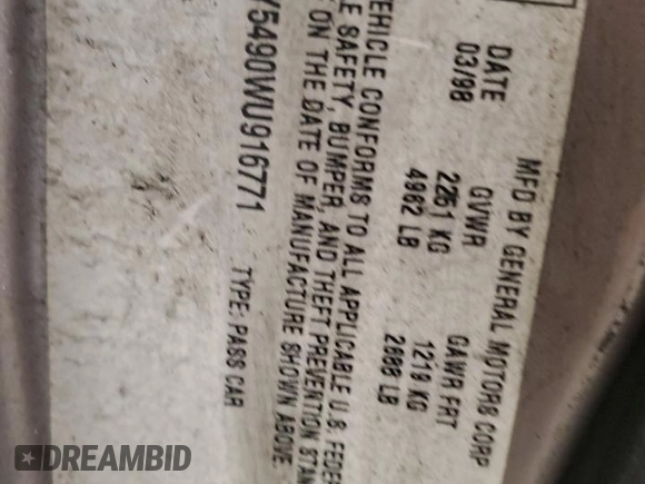 1998 Cadillac Seville STS z VIN 1G6KY5490WU916771, wystawiony jako Copart lot #58699555 z przebiegiem 129 944 mil mil oraz Nie do naprawy. Historia ofert i sprzedaży dostępna na DreamBid. Obrazek 12.
