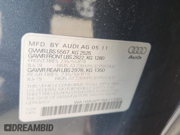 2011 Audi Q5 Prestige с VIN WA1WKAFP7BA113384, выставлен на аукционе Copart как лот 61130545 с пробегом 96 039 миль миль и Списание • Salvage title. История ставок и продаж доступна на DreamBid. Изображение 13.