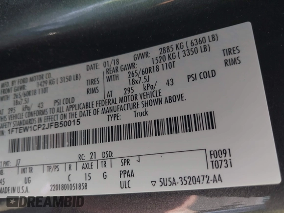 2018 Ford F-150 XL with VIN 1FTEW1CP2JFB50015, listed as a IAAI auction lot 41938177 with 248,137 mi miles and . Bid and sale history available at DreamBid. Image 9.