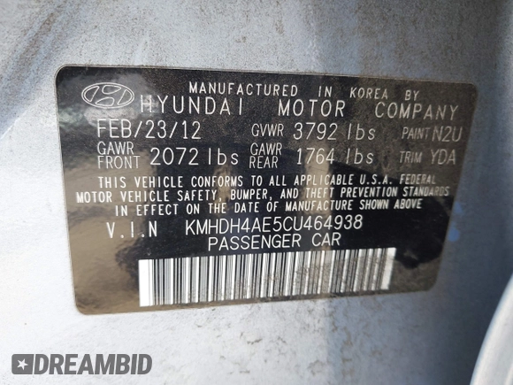 2012 Hyundai Elantra Limited with VIN KMHDH4AE5CU464938, listed as a IAAI auction lot 42572413 with 181,076 mi miles and . Bid and sale history available at DreamBid. Image 9.