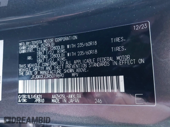 2024 Lexus NX 350h Premium with VIN JTJGKCEZ3R5019690, listed as a IAAI auction lot 42540919 with 21,705 mi miles and . Bid and sale history available at DreamBid. Image 9.