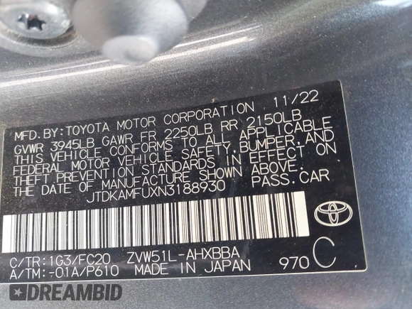 2022 Toyota Prius L Eco with VIN JTDKAMFUXN3188930, listed as a IAAI auction lot 42275661 with 116,934 mi miles and . Bid and sale history available at DreamBid. Image 9.