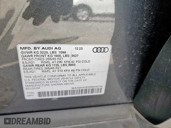 2024 Audi Q8 e-tron z VIN WA16AAGE5RB048734, wystawiony jako Copart lot #54393075 z przebiegiem Nie podano mil oraz Szkoda całkowita • Salvage title. Historia ofert i sprzedaży dostępna na DreamBid. Obrazek 12.