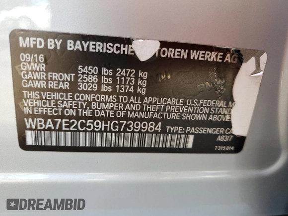 2017 BMW 7 Series 740i with VIN WBA7E2C59HG739984, listed as a Copart auction lot 37475514 with 54,841 mi miles. Bid and sale history available at carsss.com. Image 12.