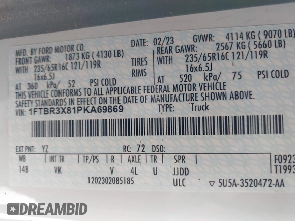 2023 Ford Transit Cargo с VIN 1FTBR3X81PKA69869, выставлен на аукционе IAAI как лот 41490532 с пробегом 38 808 миль миль и . История ставок и продаж доступна на DreamBid. Изображение 9.