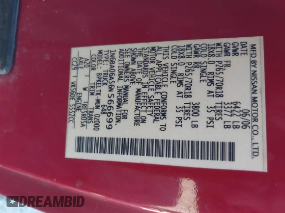 2006 Nissan Titan SE with VIN 1N6BA06A56N566699, listed as a IAAI auction lot 41767841 with 203,499 mi miles and . Bid and sale history available at DreamBid. Image 9.