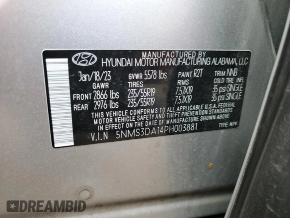 2023 Hyundai Santa Fe Hybrid SEL Premium with VIN 5NMS3DA14PH003881, listed as a Copart auction lot 72034954 with 59,021 mi miles and Salvage Title. Bid and sale history available at carsss.com. Image 15.