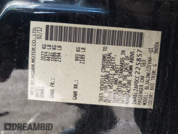 2012 Nissan Altima SR with VIN 1N4BL2AP0CC225857, listed as a IAAI auction lot 42298919 with 74,122 mi miles and . Bid and sale history available at DreamBid. Image 9.