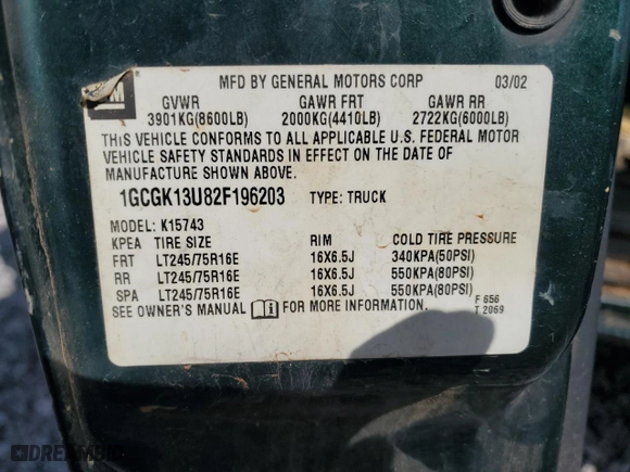 2002 Chevrolet Silverado 1500HD LT with VIN 1GCGK13U82F196203, listed as a Copart auction lot 48412945 with 308,132 mi miles and Salvage Title. Bid and sale history available at carsss.com. Image 14.