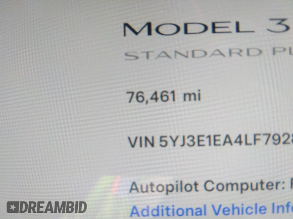 2020 Tesla Model 3 Standard Range Plus with VIN 5YJ3E1EA4LF792830, listed as a IAAI auction lot 41852919 with 76,461 mi miles. Bid and sale history available at carsss.com. Image 15.