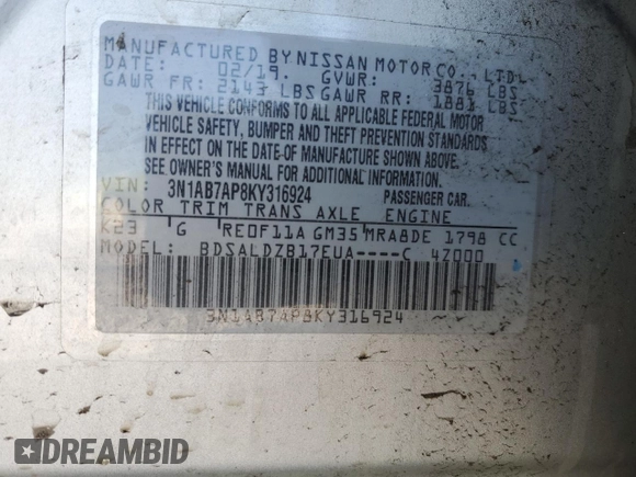 2019 Nissan Sentra SV with VIN 3N1AB7AP8KY316924, listed as a Copart auction lot 46639415 with Not Provided miles and Salvage Title. Bid and sale history available at DreamBid. Image 13.