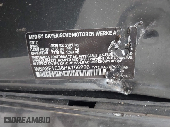 2017 BMW 3 Series 330e iPerformance with VIN WBA8E1C36HA156286, listed as a IAAI auction lot 41939997 with Not Provided miles. Bid and sale history available at carsss.com. Image 9.