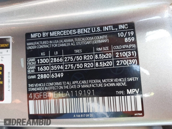 2020 Mercedes-Benz GLE 350 with VIN 4JGFB4JE1LA119191, listed as a IAAI auction lot 42019571 with 87,844 mi miles and . Bid and sale history available at DreamBid. Image 9.