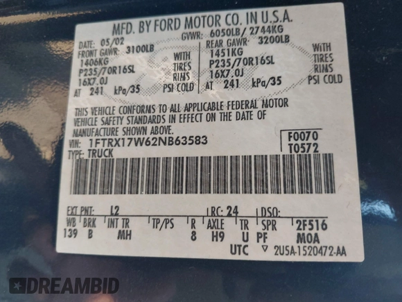 2002 Ford F-150 XL z VIN 1FTRX17W62NB63583, wystawiony jako IAAI lot #42439328 z przebiegiem 119 164 mil mil oraz . Historia ofert i sprzedaży dostępna na DreamBid. Obrazek 9.