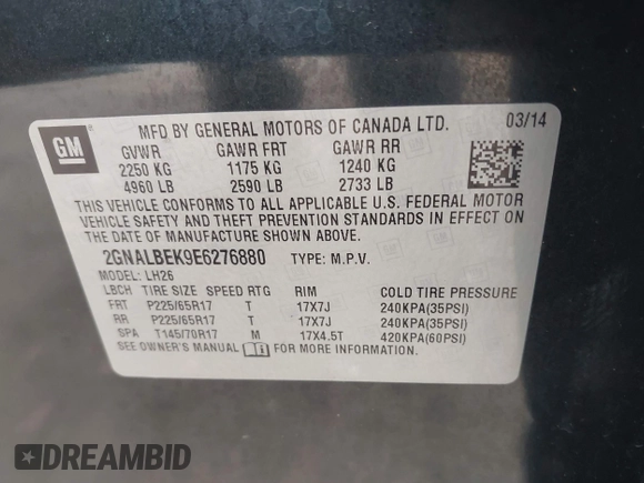 2014 Chevrolet Equinox LT z VIN 2GNALBEK9E6276880, wystawiony jako IAAI lot #42355025 z przebiegiem 206 187 mil mil oraz . Historia ofert i sprzedaży dostępna na DreamBid. Obrazek 9.