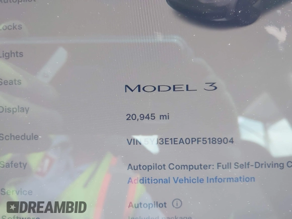 2023 Tesla Model 3 with VIN 5YJ3E1EA0PF518904, listed as a IAAI auction lot 42058540 with 20,945 mi miles and . Bid and sale history available at DreamBid. Image 14.