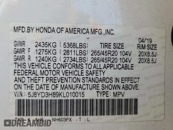 2019 Acura MDX Advance with VIN 5J8YD3H89KL010015, listed as a Copart auction lot 76532784 with 68,948 mi miles and Salvage title. Bid and sale history available at DreamBid. Image 13.